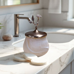 Vintage Rose Collection cotton ball container for bath décor, featuring a floral design and elegant vintage style.