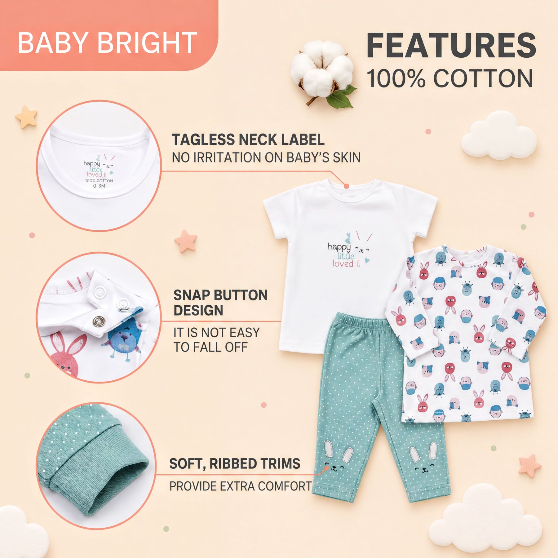 The image is a collage of three photos showcasing baby clothing items, including a white t-shirt, a pair of pajama pants, and a white onesie. The text highlights the features of the clothing, such as the tagless neck label, snap button design, soft, ribbed trims, and 100% cotton material.