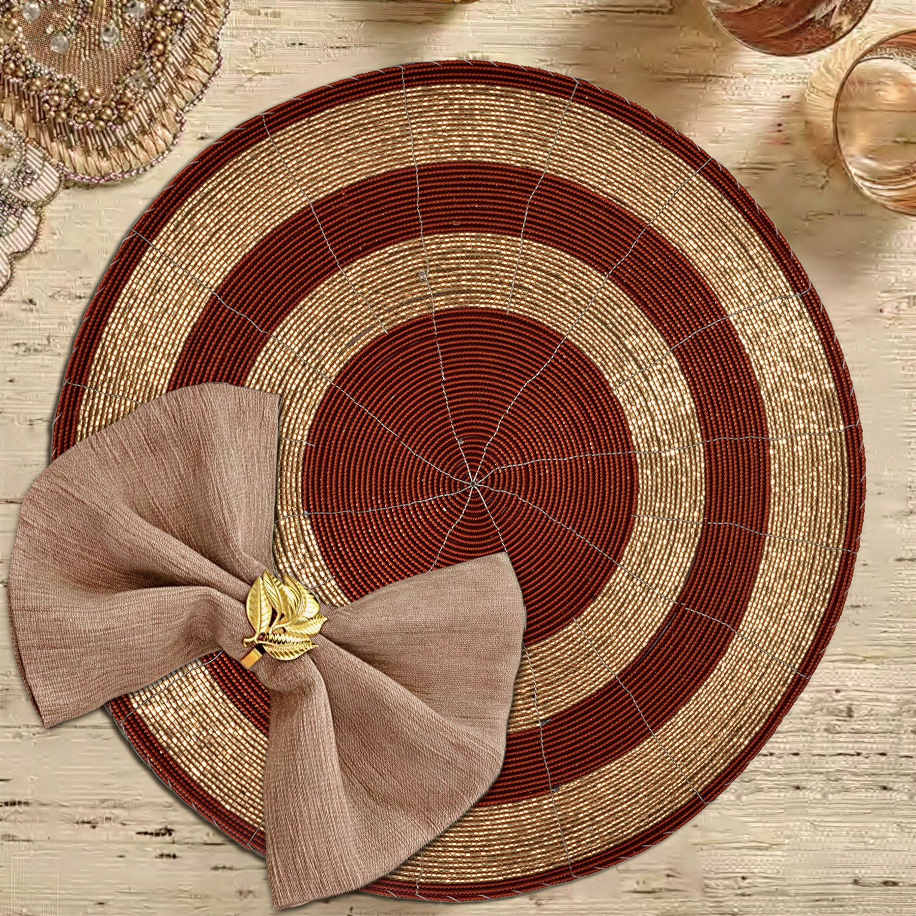 Set of four Decozen Aidden Bloom beaded placemats featuring intricate floral designs, 14-inch decorative dining table accents.