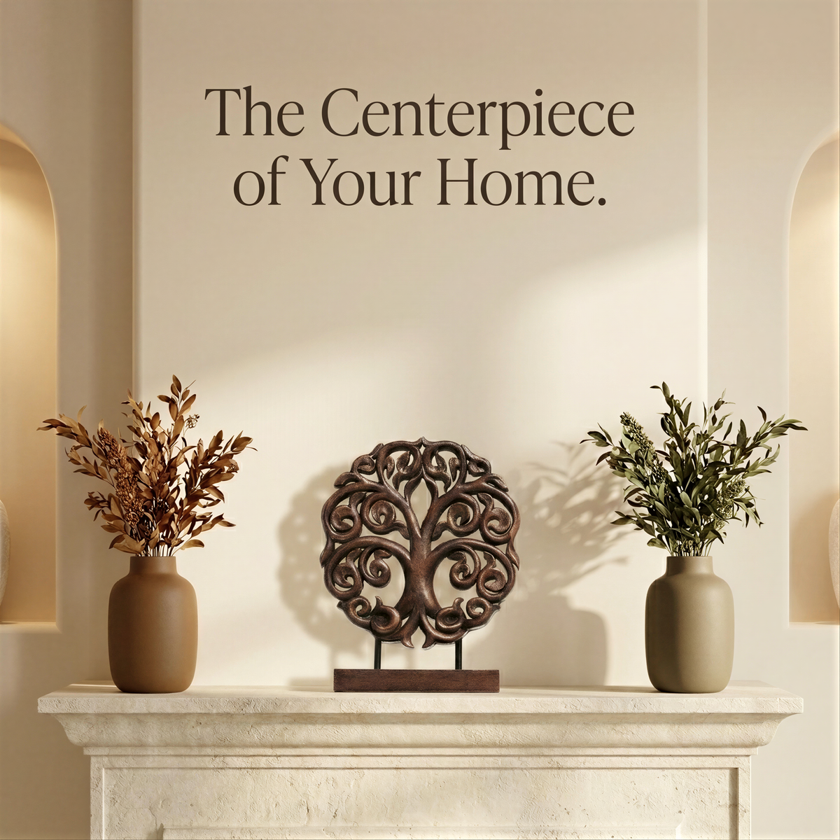 a mantle with three vases containing dried leaves and a tree-shaped metal sculpture. Above the mantle, there is a text that reads "The centerpiece of Your Home."