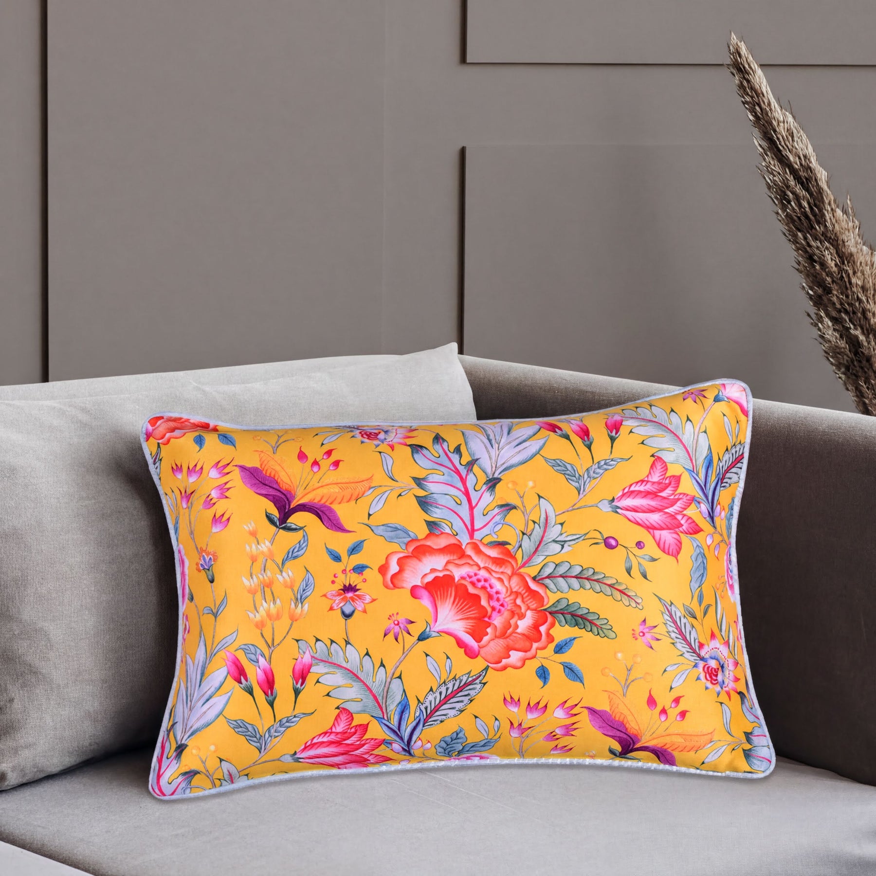 Floral printed throw pillow cover from CC-9695-4, 14x20 inches, showcasing vibrant flower patterns on fabric.