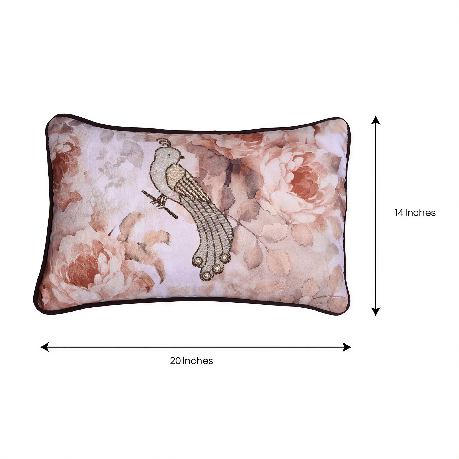 A decorative pillow with a floral pattern and a bird design.