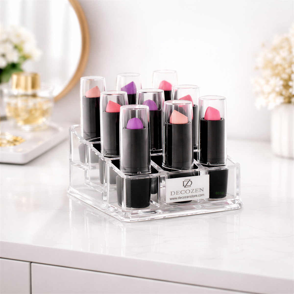 Clear F1110 makeup organizer with 9 slots for cosmetics and beauty tools, ideal gift for mom, showcasing a transparent design