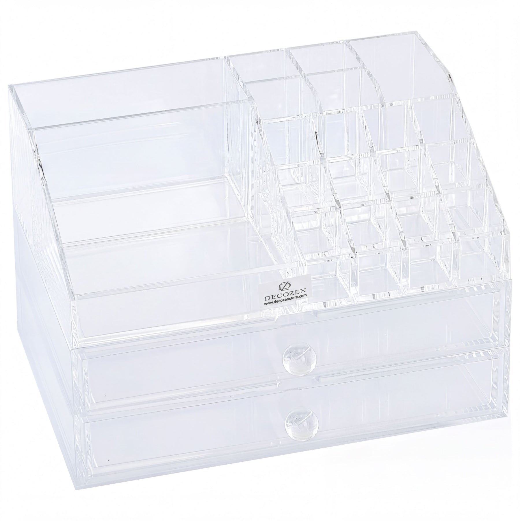 Clear F2503 makeup organizer with 19 slots and 2 drawers, perfect for storing cosmetics and beauty tools.