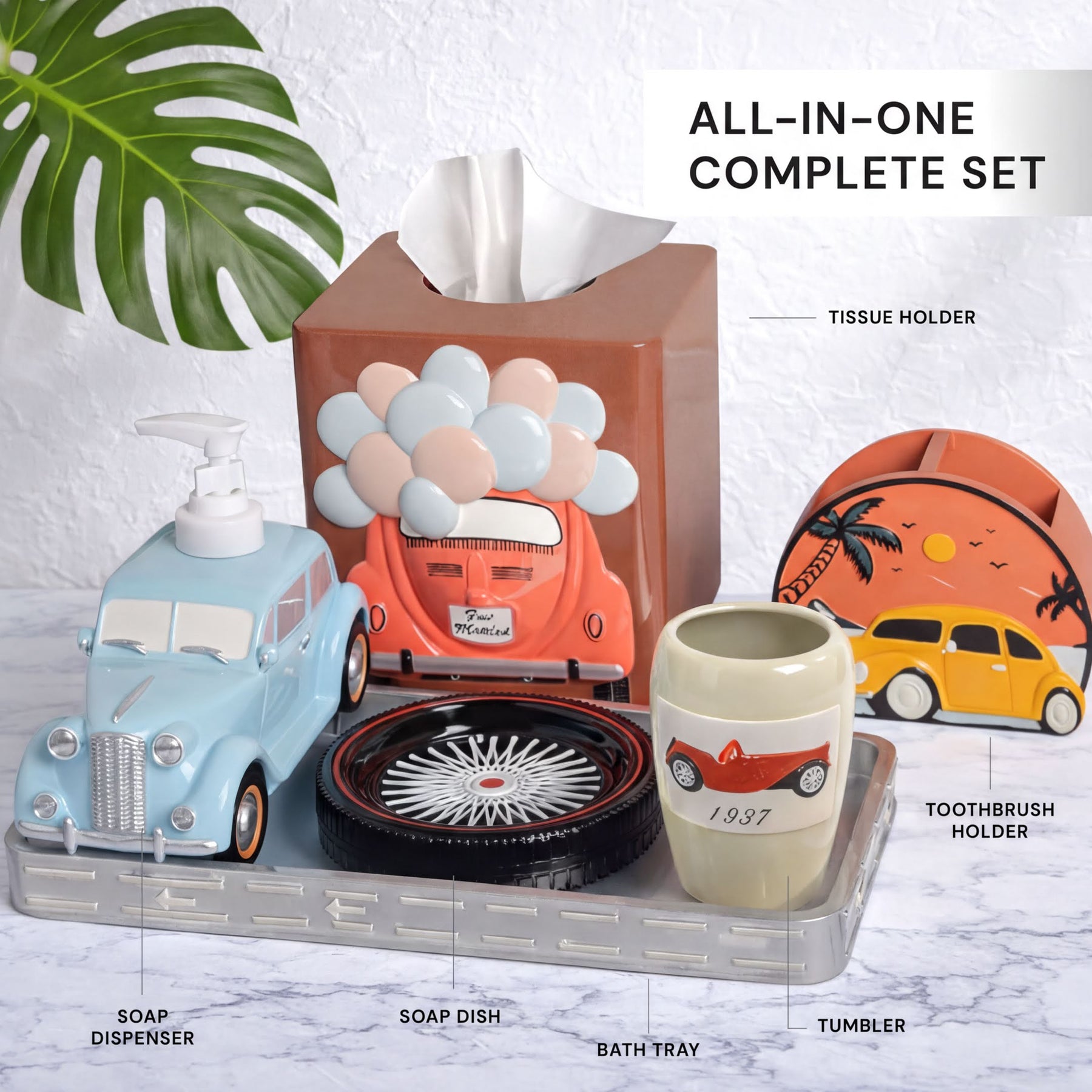 Elegant modern bathroom décor accessories set of 6 from The Racer Collection, featuring sleek bath accessories by AH7008.