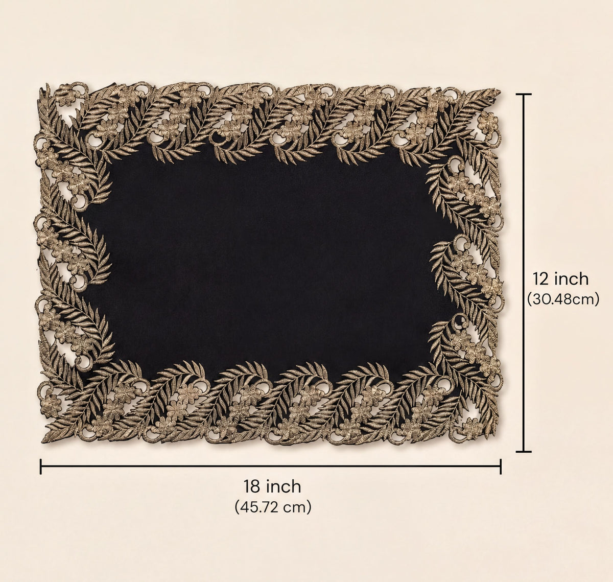 a decorative frame with a black background and a gold leaf border. The frame is described as having a 12-inch width and 18-inch height, with a total area of 45.72 square centimeters.