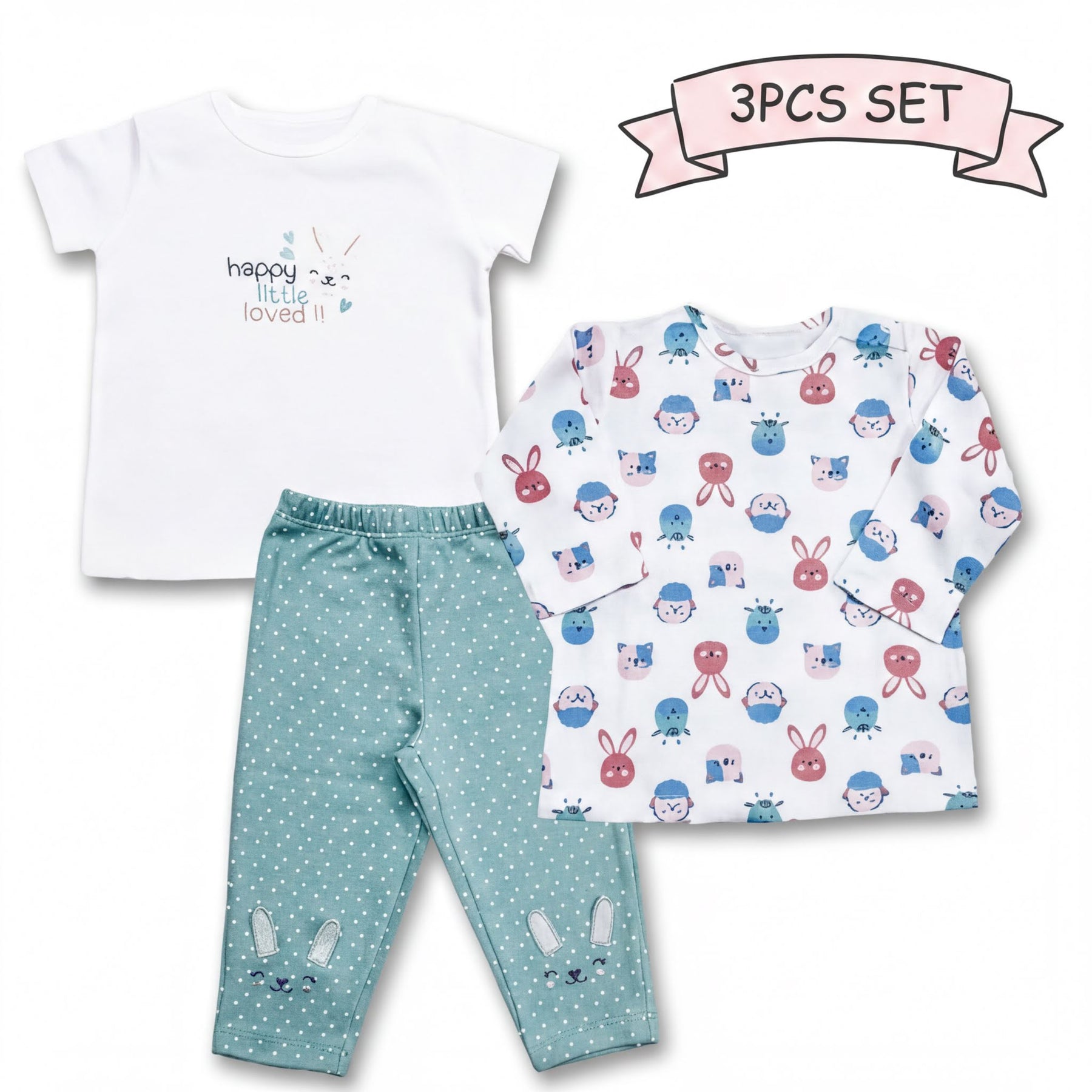 a white t-shirt, a pair of polka dot pajama pants, and a long-sleeved shirt with a bunny pattern.