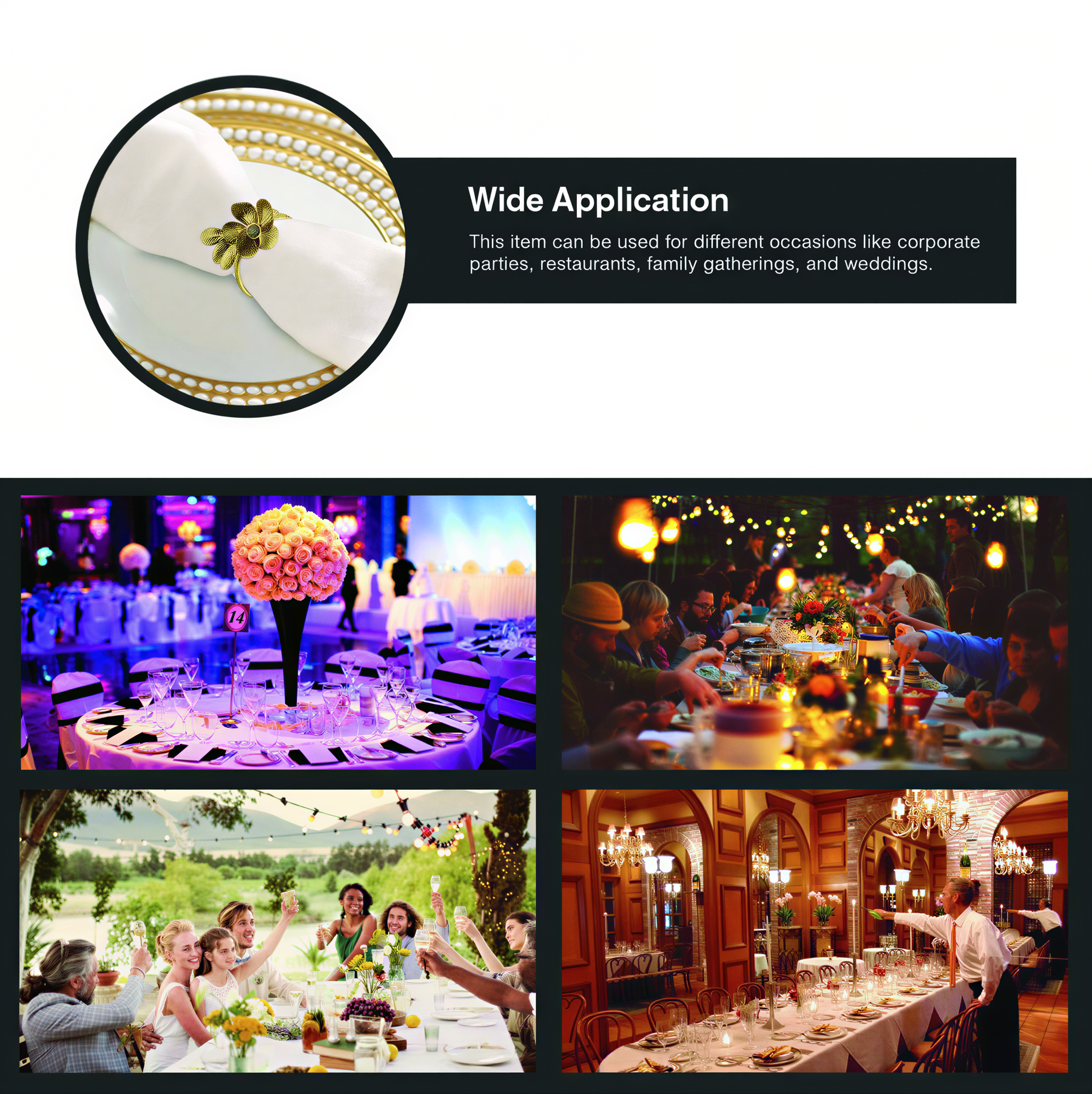 Set of four gold bee design napkin rings, decorative table accessories in a stylish and elegant design.