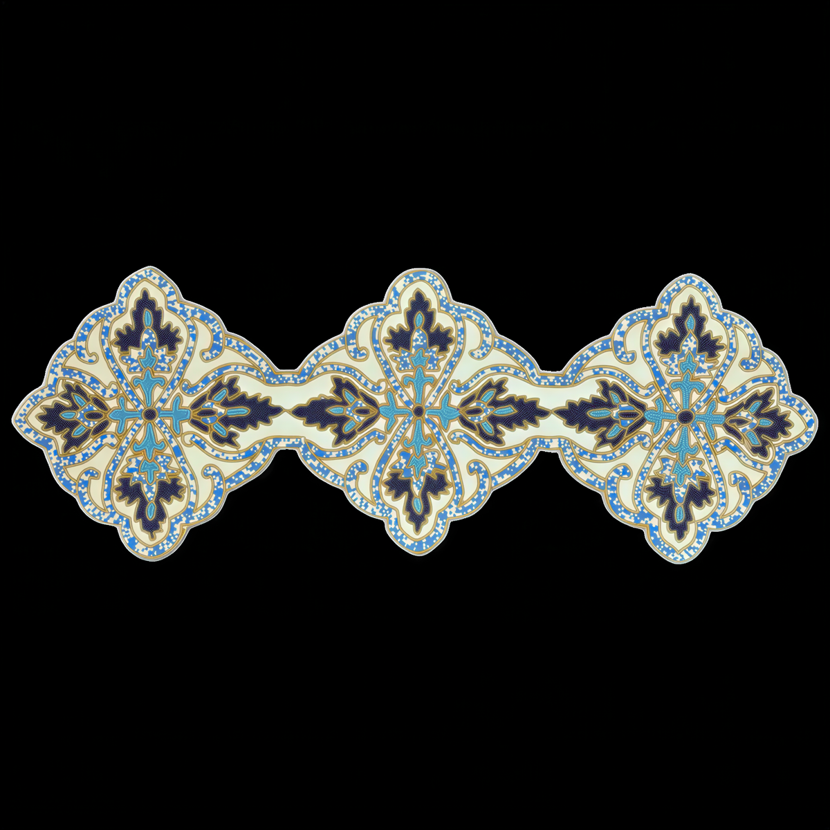 Beaded blue and white table runner, 54 x 13 inches, with intricate bead detailing, perfect for decorative table settings.