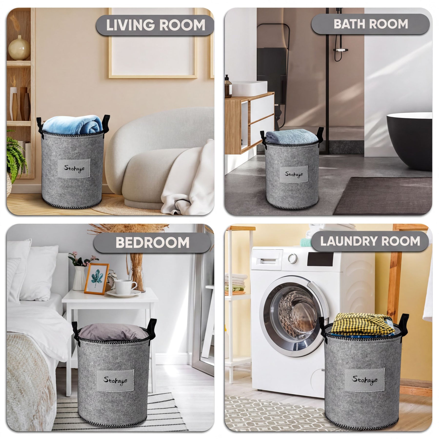 Set of 3 gray felt laundry hampers and storage bins from 4629, showcasing soft fabric and sturdy handles for laundry organization.