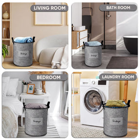 Set of 3 gray felt laundry hampers and storage bins from 4629, showcasing soft fabric and sturdy handles for laundry organization.