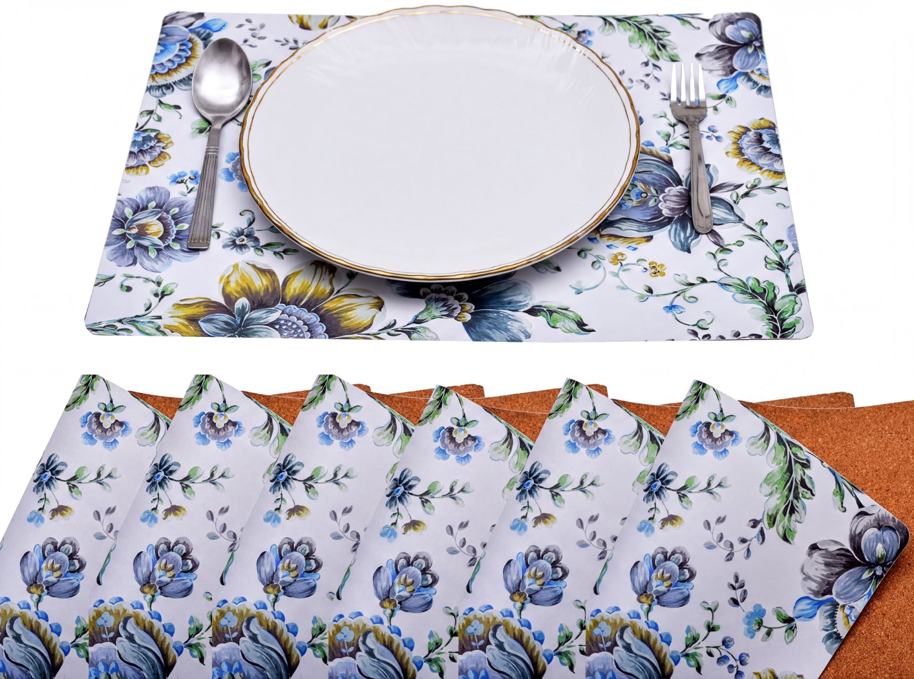 Set of four floral design cork-backed placemats, durable cork surface with colorful floral pattern for dining table decor.