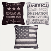 Set of three patriotic design printed throw pillow covers, 18x18 inches, from O10-3, featuring bold, colorful patriotic patterns.