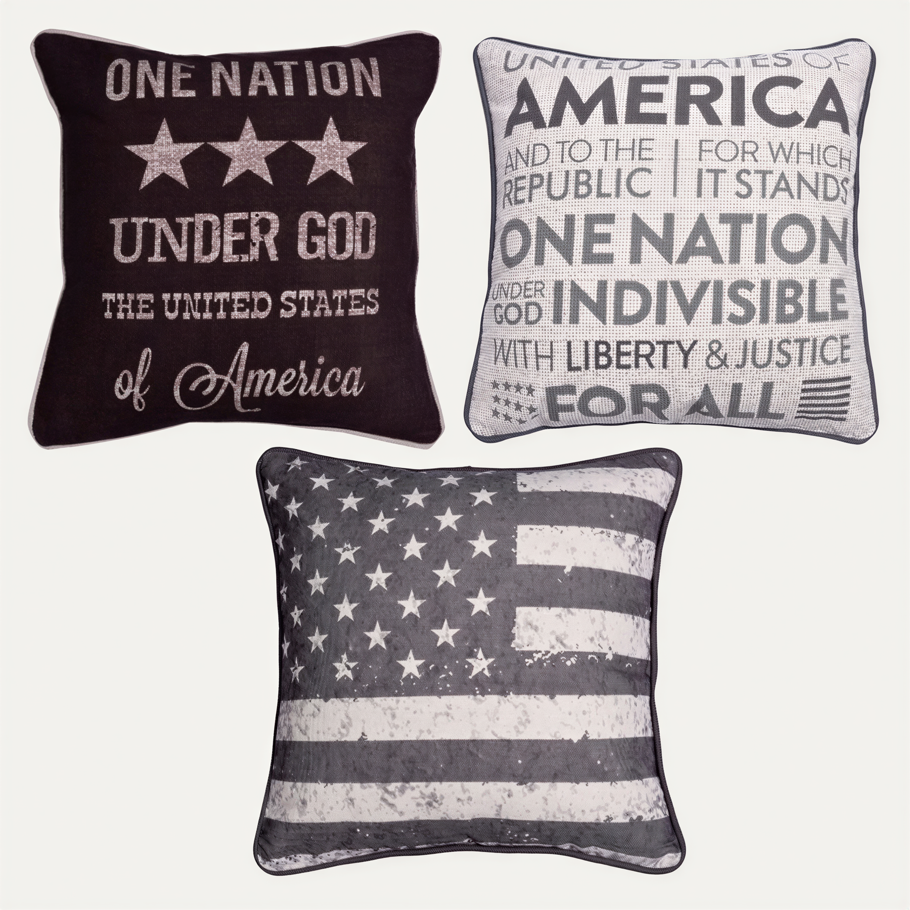 Set of three patriotic design printed throw pillow covers, 18x18 inches, from O10-3, featuring bold, colorful patriotic patterns.