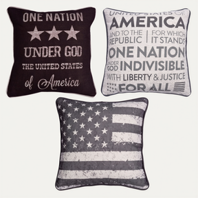 Set of three patriotic design printed throw pillow covers, 18x18 inches, from O10-3, featuring bold, colorful patriotic patterns.