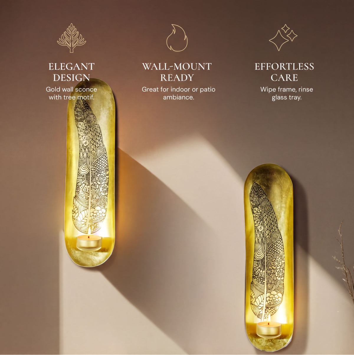 Set of 2 gold wall candle sconces with feather design, decorative gold candle holders for wall display, by 52042AG.