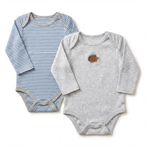 two baby onesies, one striped and one gray, both featuring a small hedgehog design on the front.