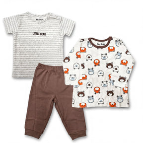 a set of baby clothing items, including a striped shirt, a long-sleeved shirt with a bear pattern, and a pair of brown pants.