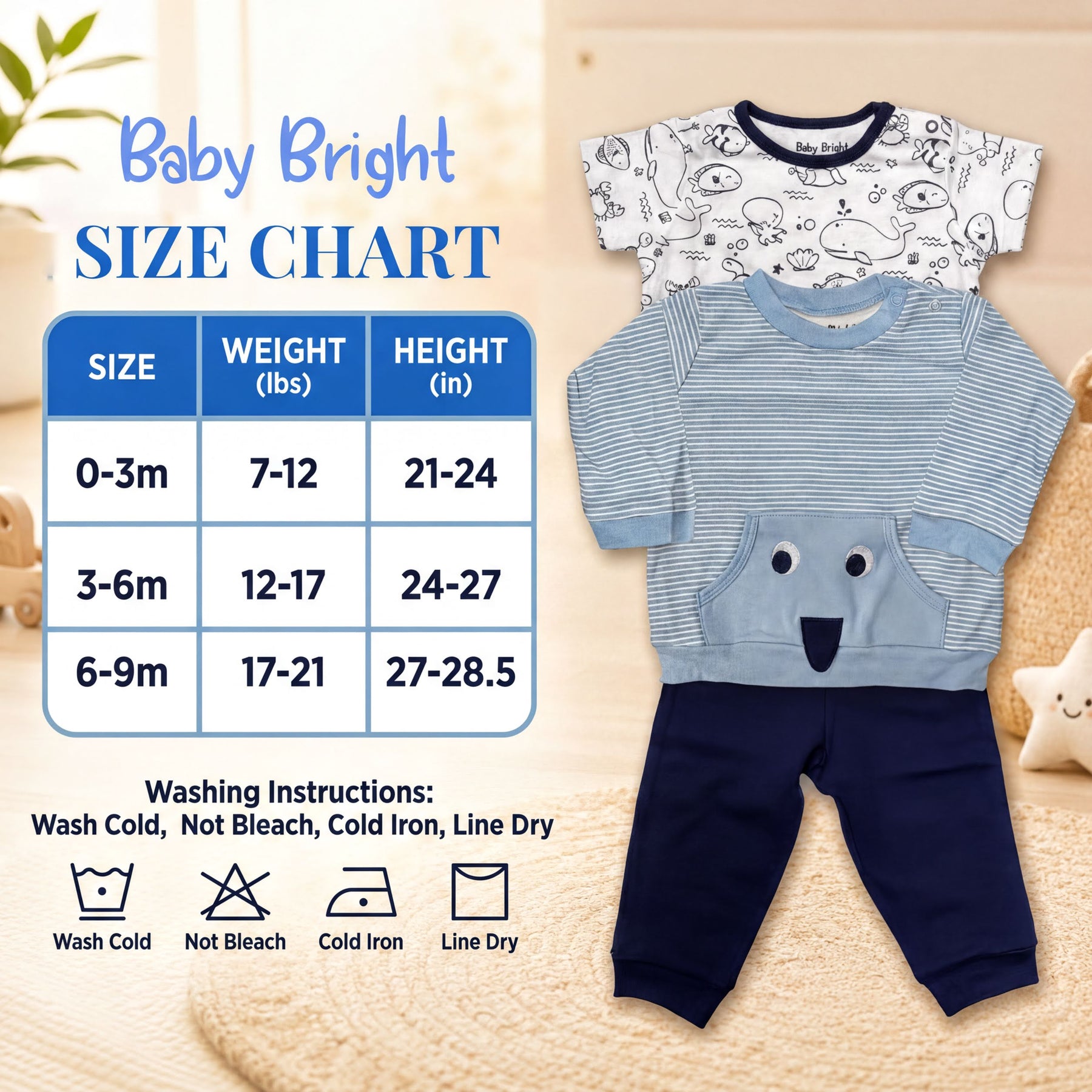 The image is a size chart for baby clothing, including a baby's size chart for a blue shirt and navy blue pants.