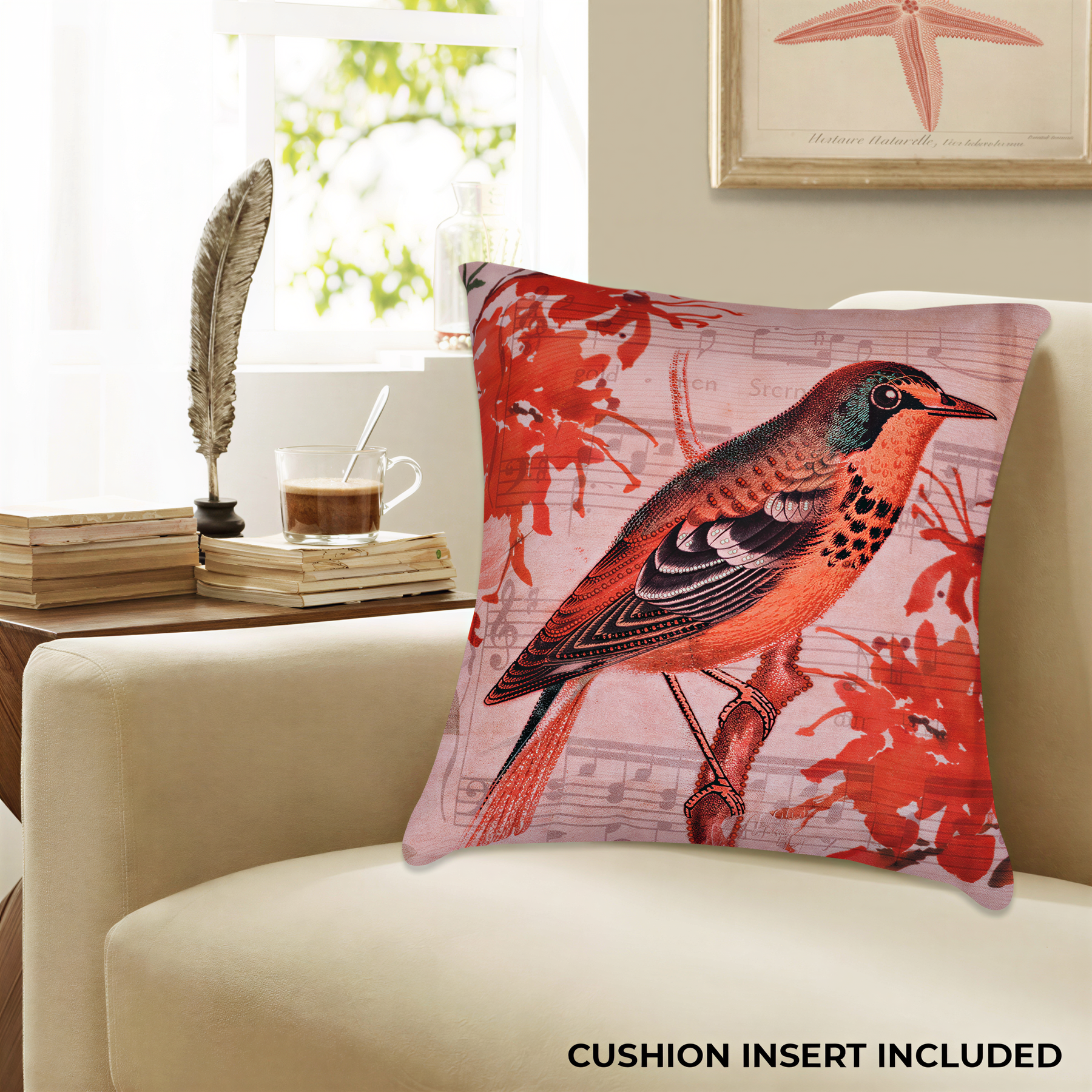 a decorative pillow with a vibrant, colorful bird design, placed on a chair in a cozy living room setting.