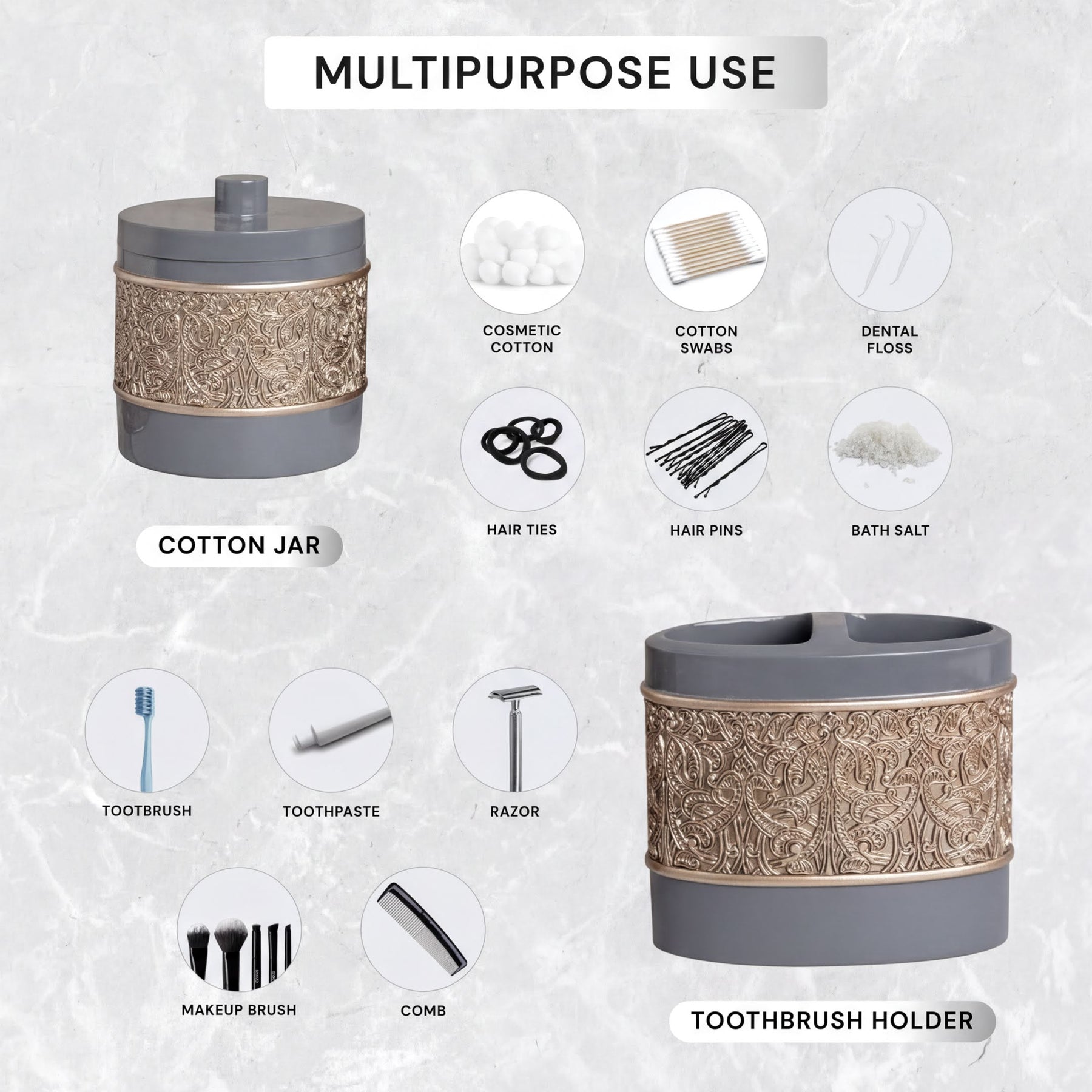 Elegant modern bathroom décor accessories set of 6 from The Fionola Collection by AH8315, including soap dishes, toothbrush holders, and more.