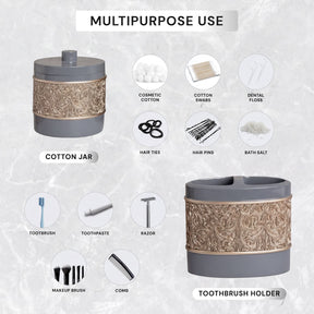 Elegant modern bathroom décor accessories set of 6 from The Fionola Collection by AH8315, including soap dishes, toothbrush holders, and more.