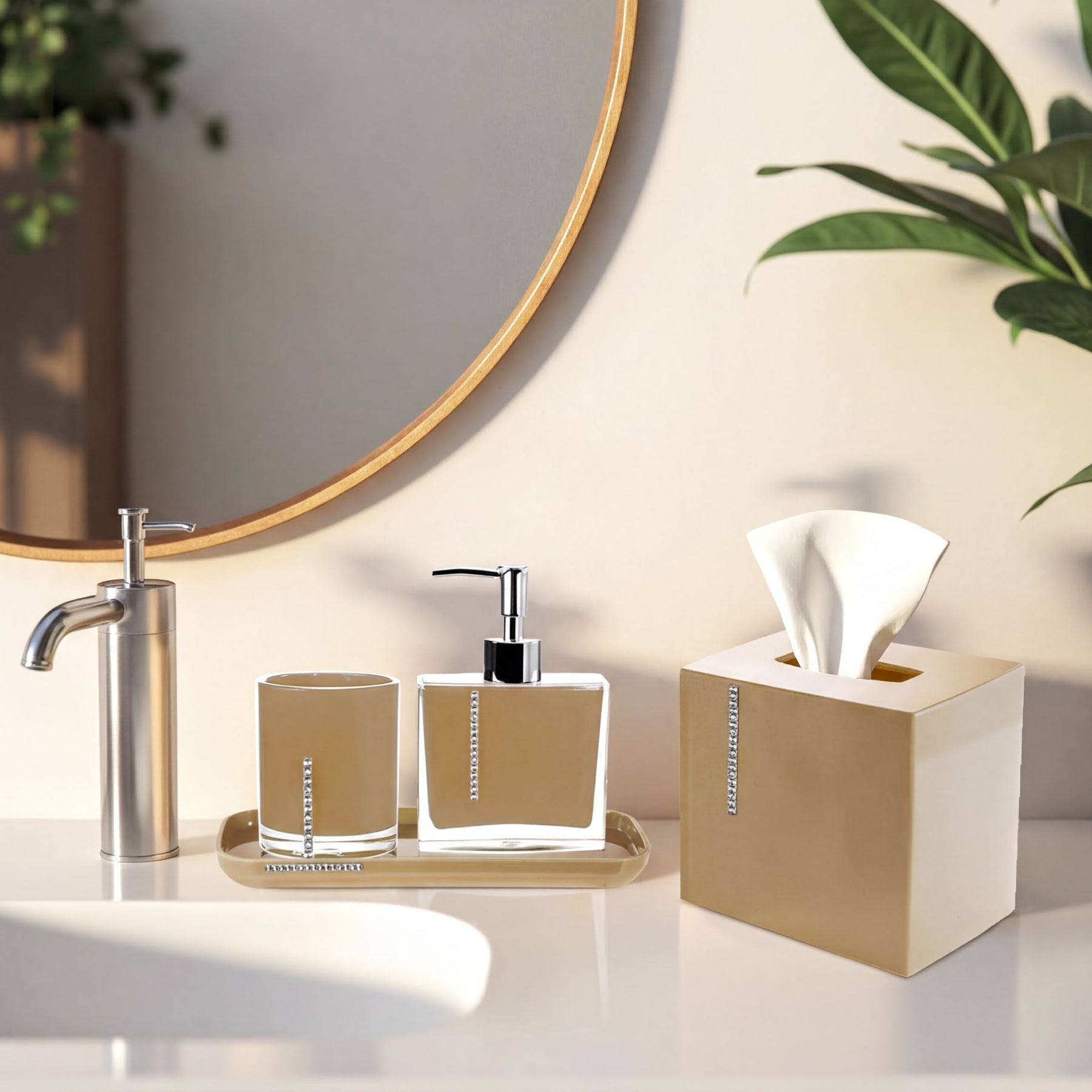 Set of four elegant modern bathroom décor accessories from The Mcclary Collection, featuring stylish bath accessories in a sleek design.