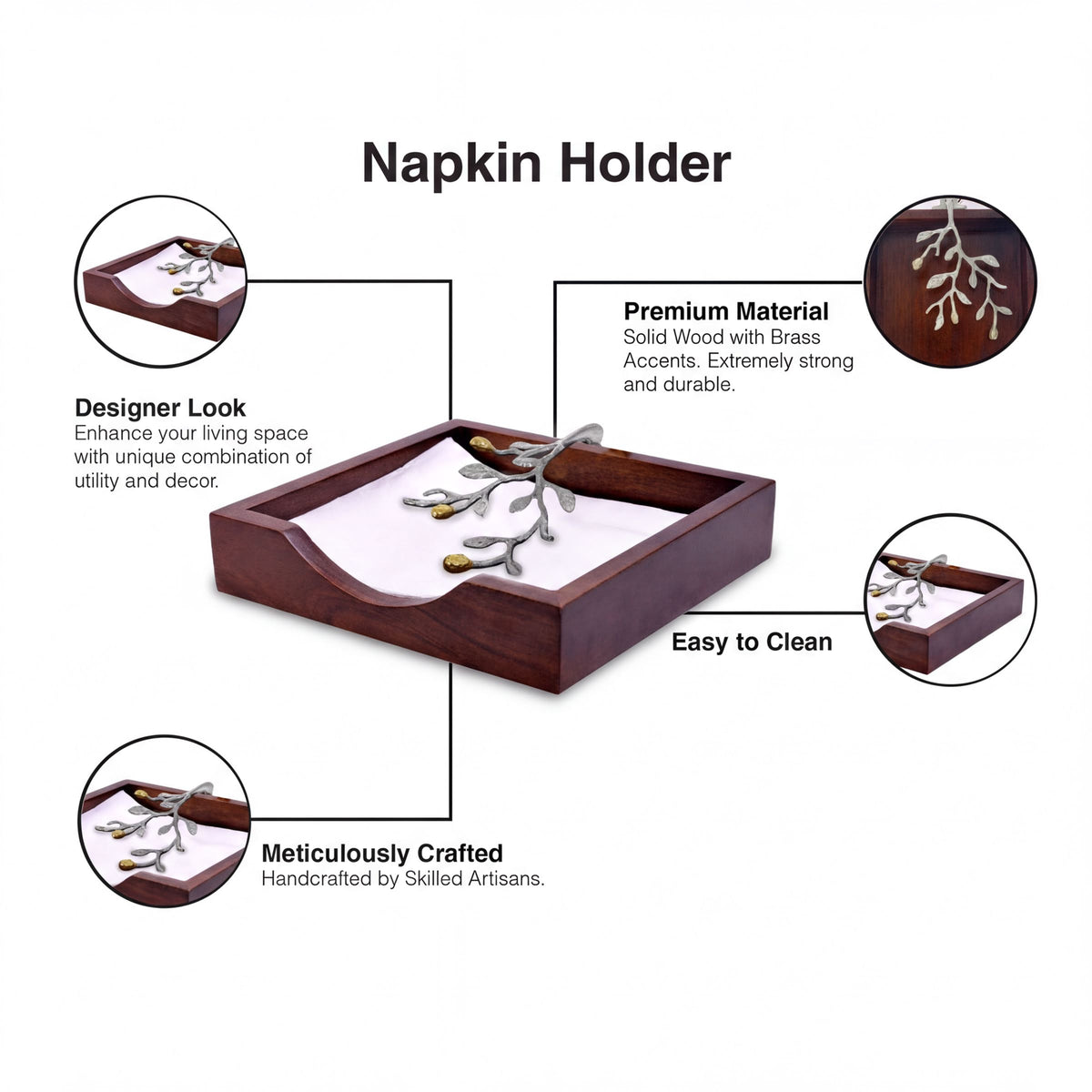 Solid wood napkin holder with silver and gold finish ornament, stylish and functional for tabletop decor.
