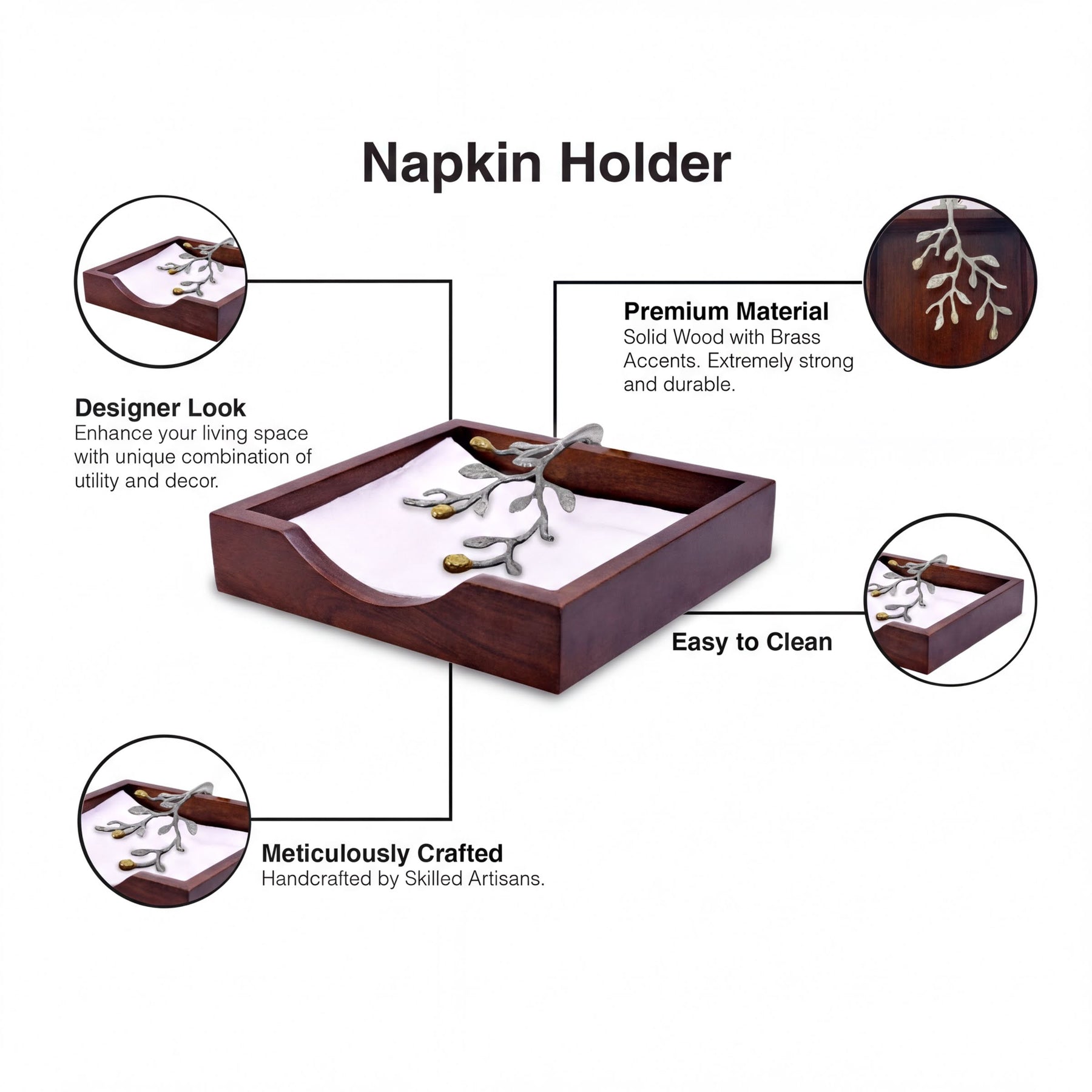 Solid wood napkin holder with silver and gold finish ornament, stylish and functional for tabletop decor.