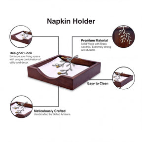 Solid wood napkin holder with silver and gold finish ornament, stylish and functional for tabletop decor.