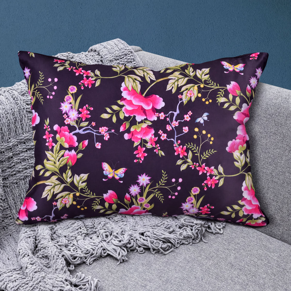 Floral printed throw pillow cover in 14x20 inches with vibrant floral pattern, designed for decorative couch or bed pillows.