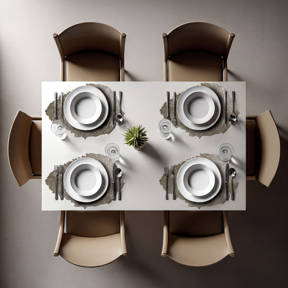 Set of six leaf cut out vinyl placemats from AMF033-GLD featuring elegant leaf-shaped cutouts for dining table decoration.