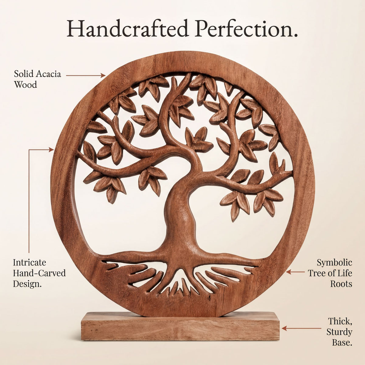a handcrafted wooden tree carving with intricate details, including the symbolic tree of life roots and the thick, sturdy base.