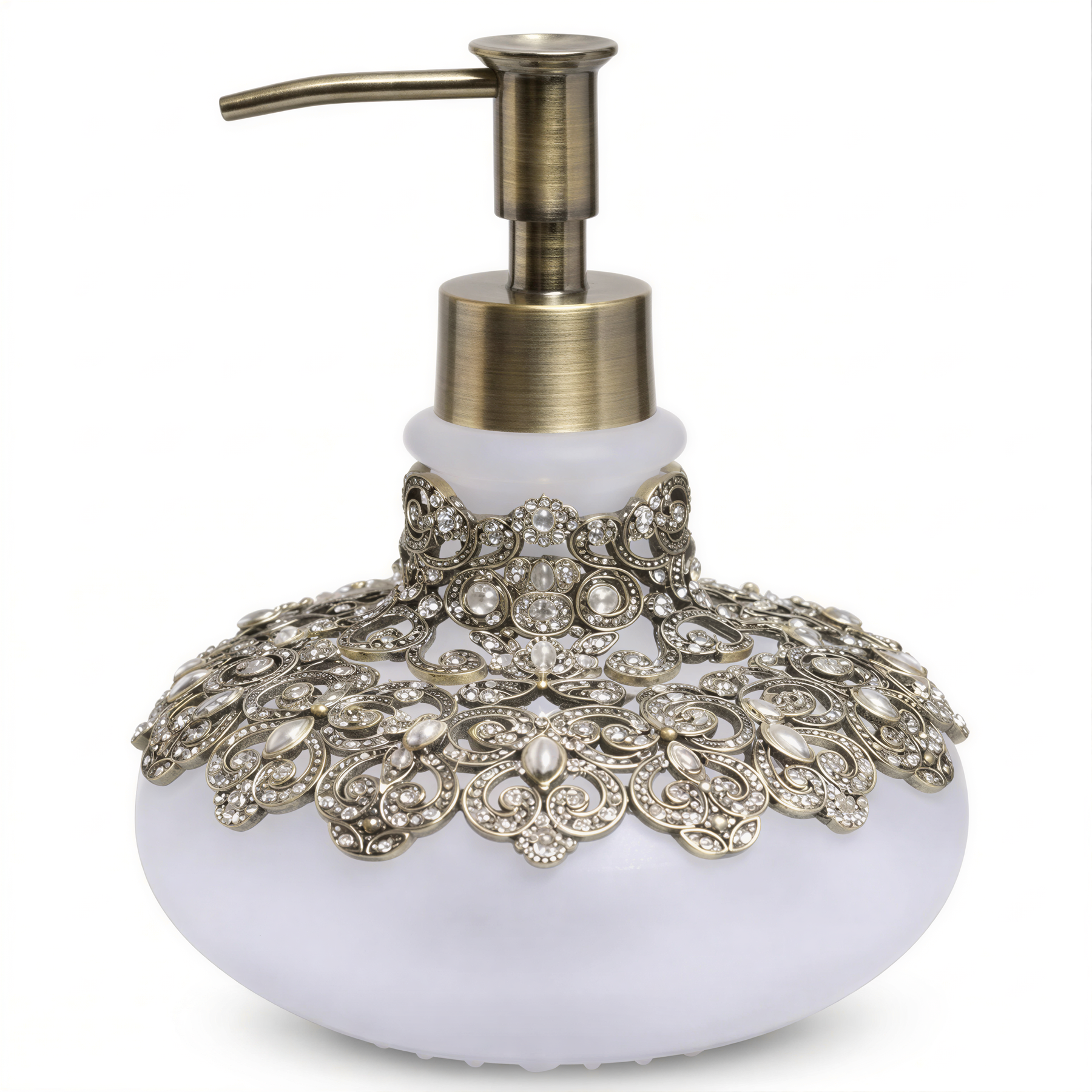 A decorative soap dispenser with a white body and a gold pump. The soap dispenser has an ornate, embellished design with a floral pattern and sparkling rhinestones or crystals.