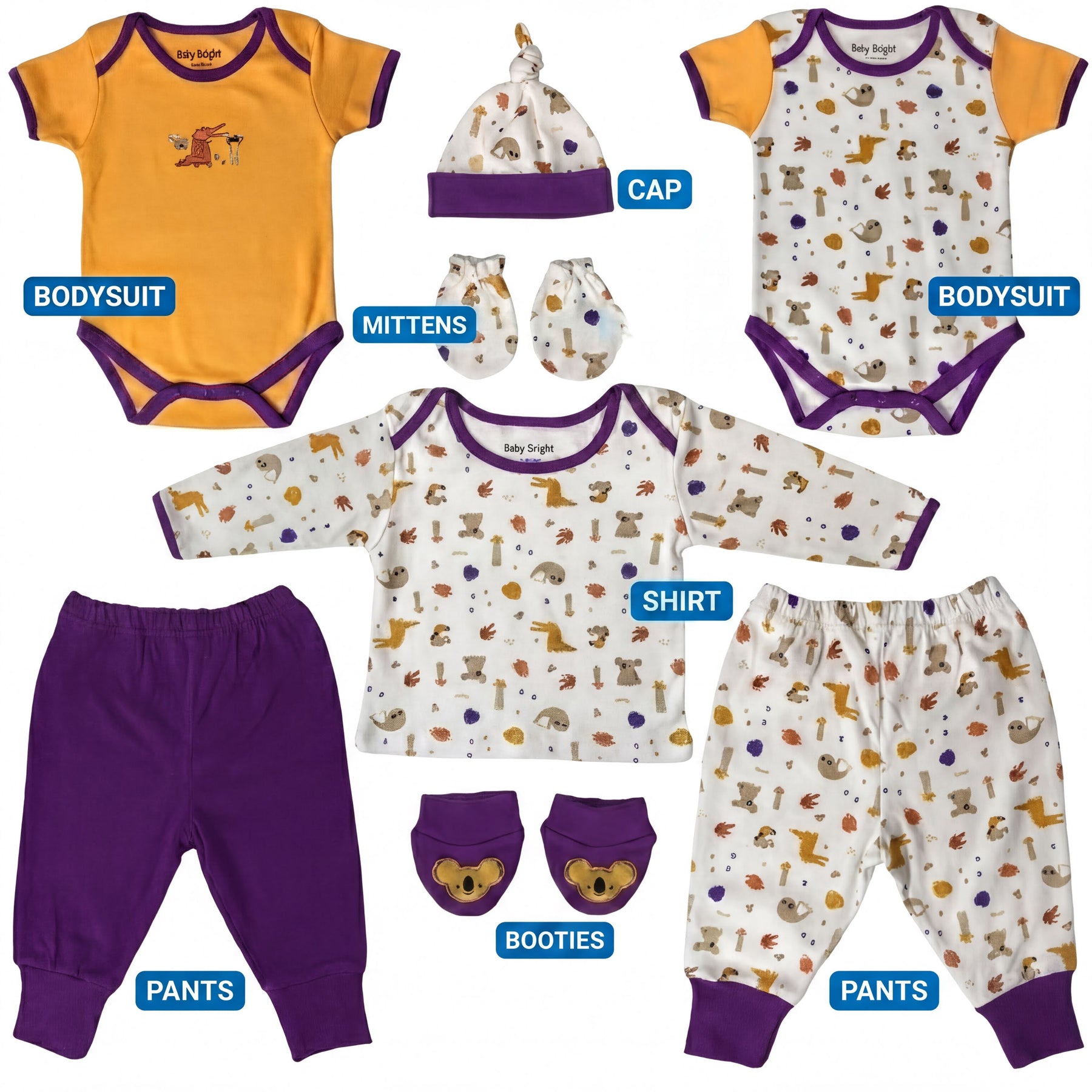 a collection of baby clothing and accessories, including a yellow onesie, a purple cap, a white shirt with animal prints, purple mittens, a white shirt, purple pants, and a pair of purple booties.