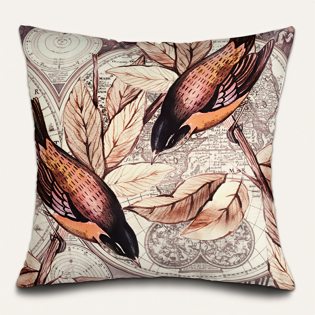 a decorative pillow with a repeating pattern of birds and leaves on a map background.