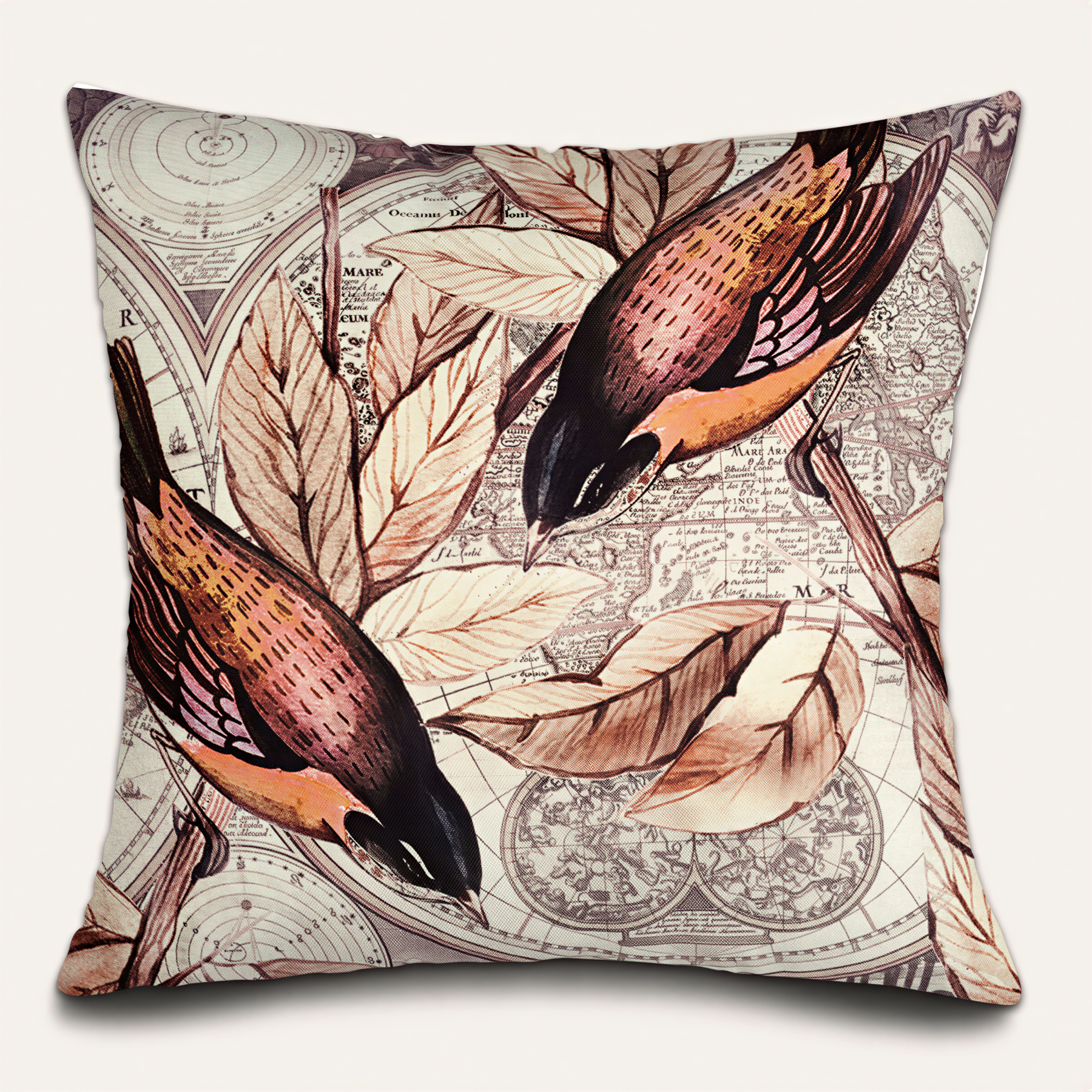 a decorative pillow with a repeating pattern of birds and leaves on a map background.