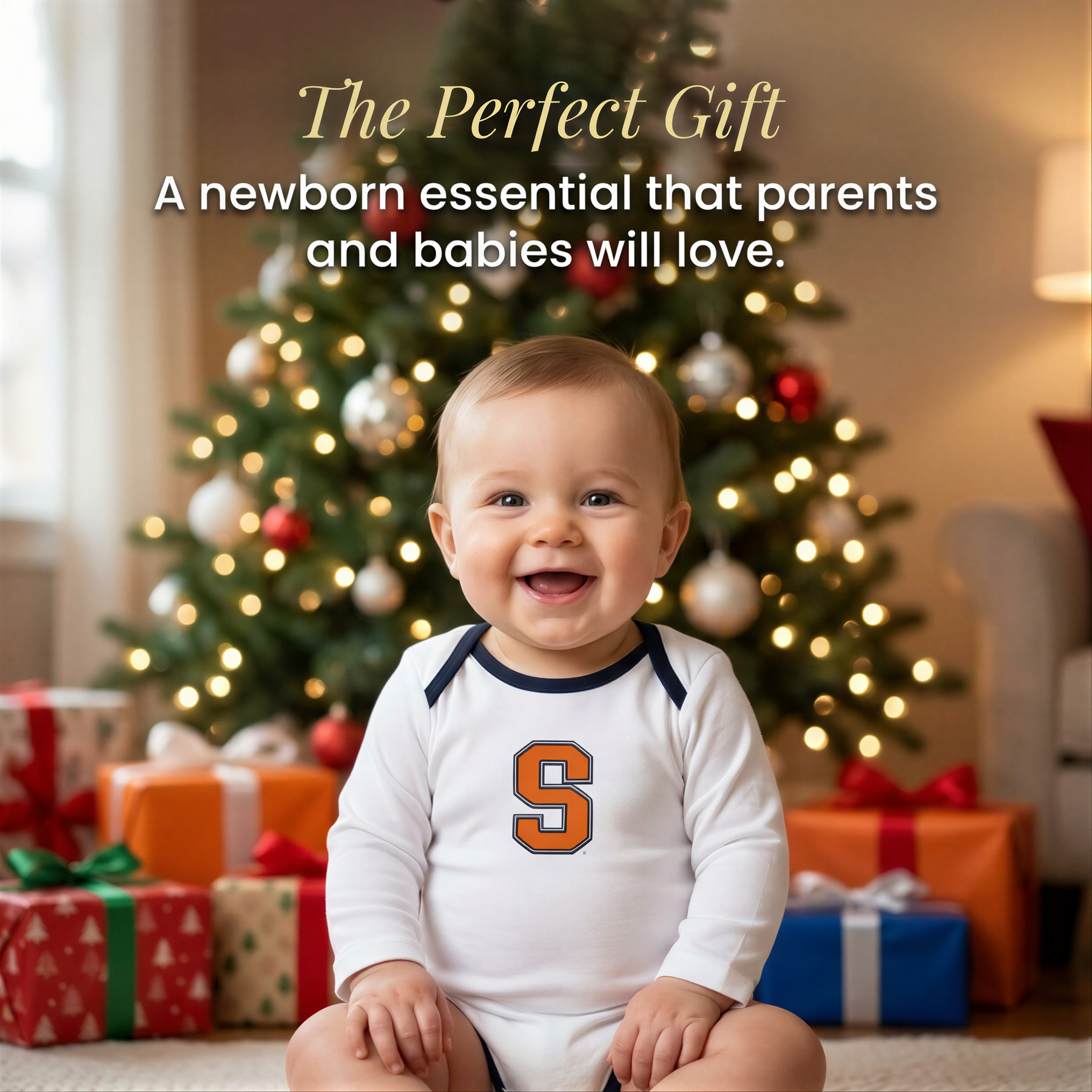 A smiling baby wearing a white onesie with a large "S" on it, sitting in front of a Christmas tree with wrapped gifts.