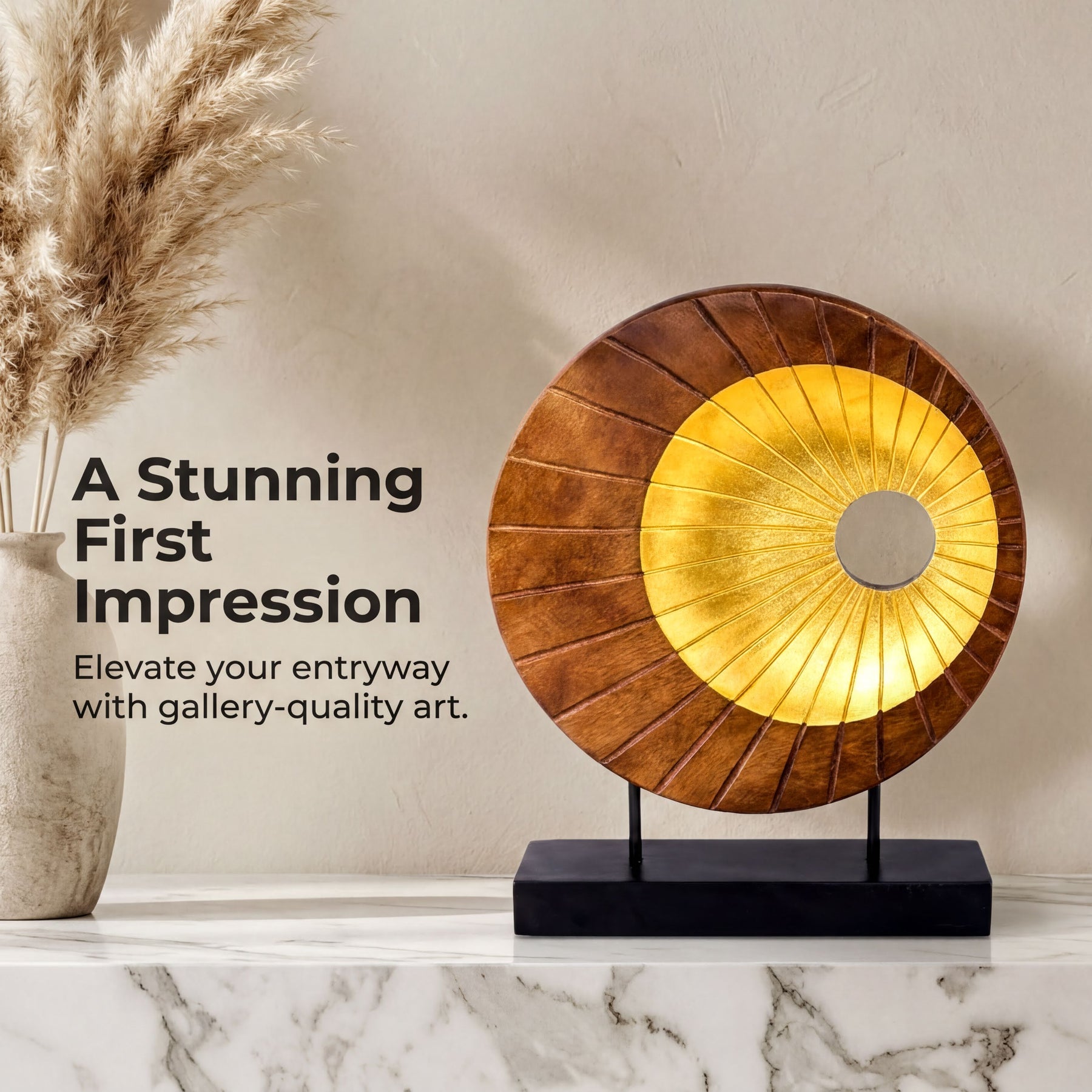 a decorative wooden sculpture with a golden circular design, placed on a marble countertop.