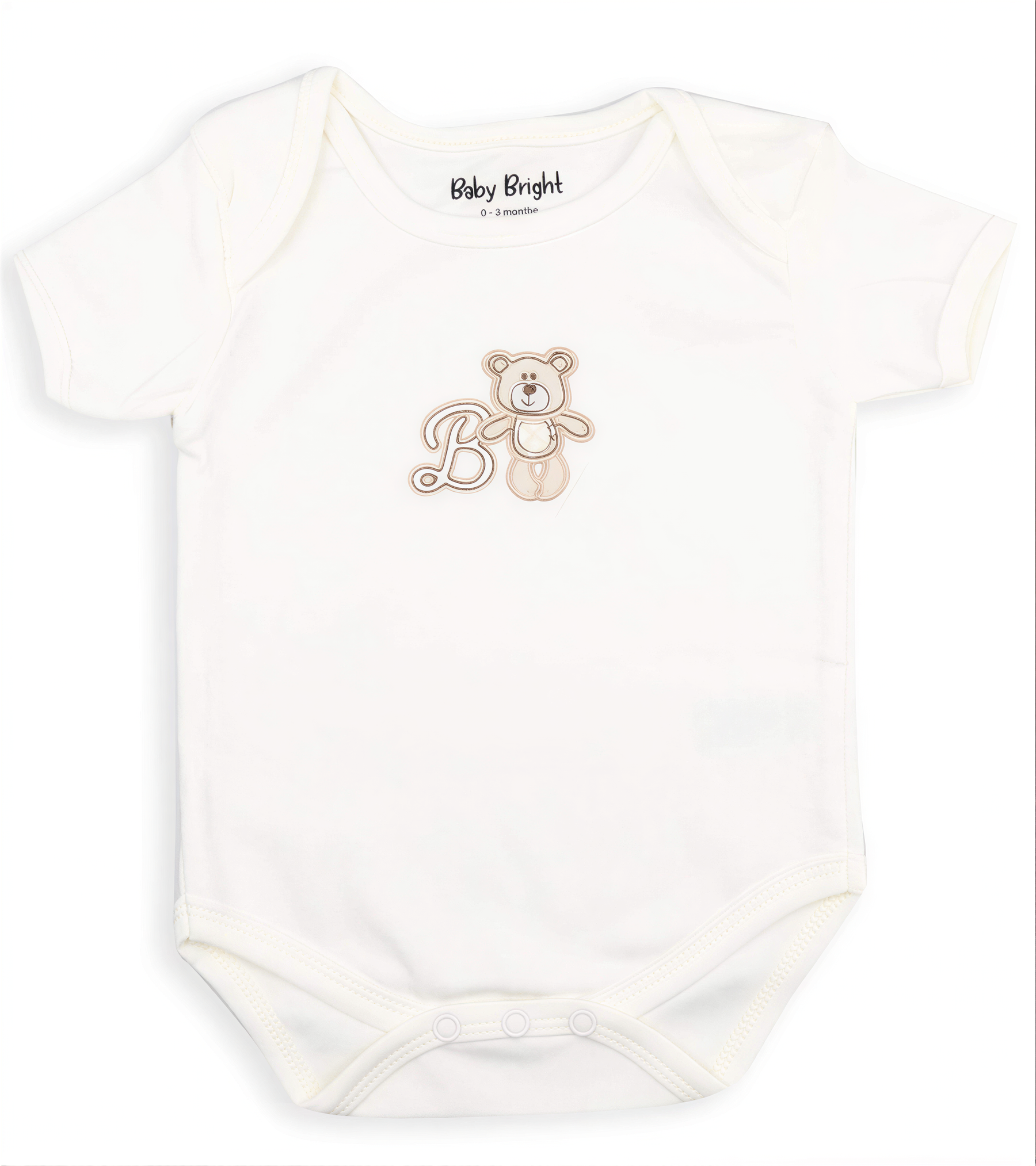 A white baby onesie with a teddy bear printed on it.