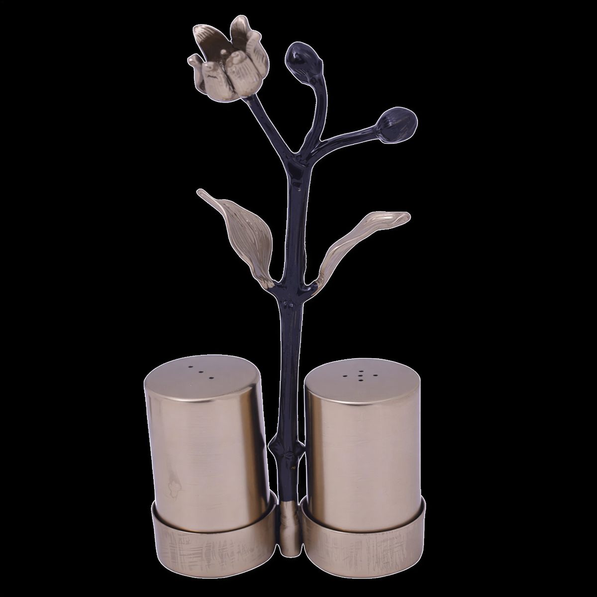 Etched salt and pepper shaker set from 25083ELBA, stylish kitchen décor with detailed engraved design for spice storage.