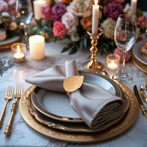 a beautifully set dining table with a white tablecloth, gold plates, and silverware. The table is adorned with a floral centerpiece, candles, and a gold napkin ring. The table is set for a formal dinner or special occasion.