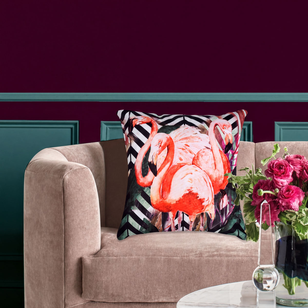 Set of four flamingo printed throw pillow covers, 18x18 inches, featuring colorful flamingo designs on soft fabric.