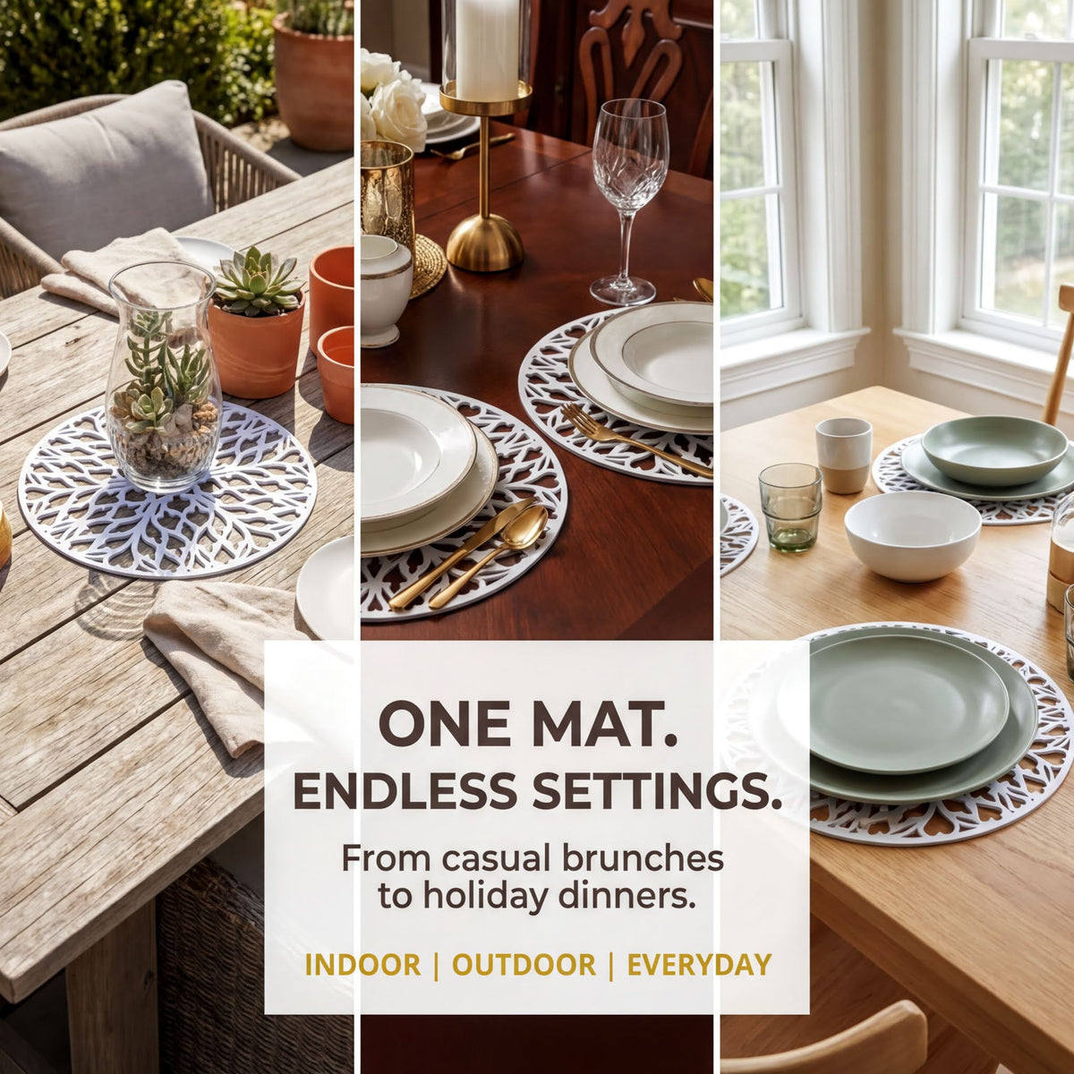 The image is a collage of three photos showcasing different table settings, including a wooden table with a white mat, a wooden table with a white mat, and a wooden table with a green mat.
