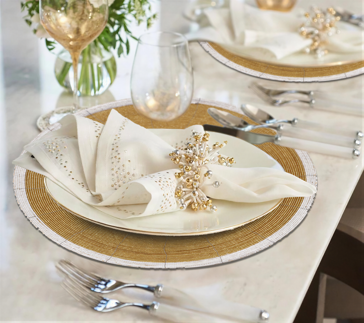 Set of four Amberly Grace beaded placemats from The Amberly Collection, elegant 14-inch decorative dining table decor by BD-034.