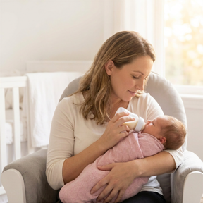 A woman tenderly holds a newborn baby in her arms, cradling the infant in a white crib.