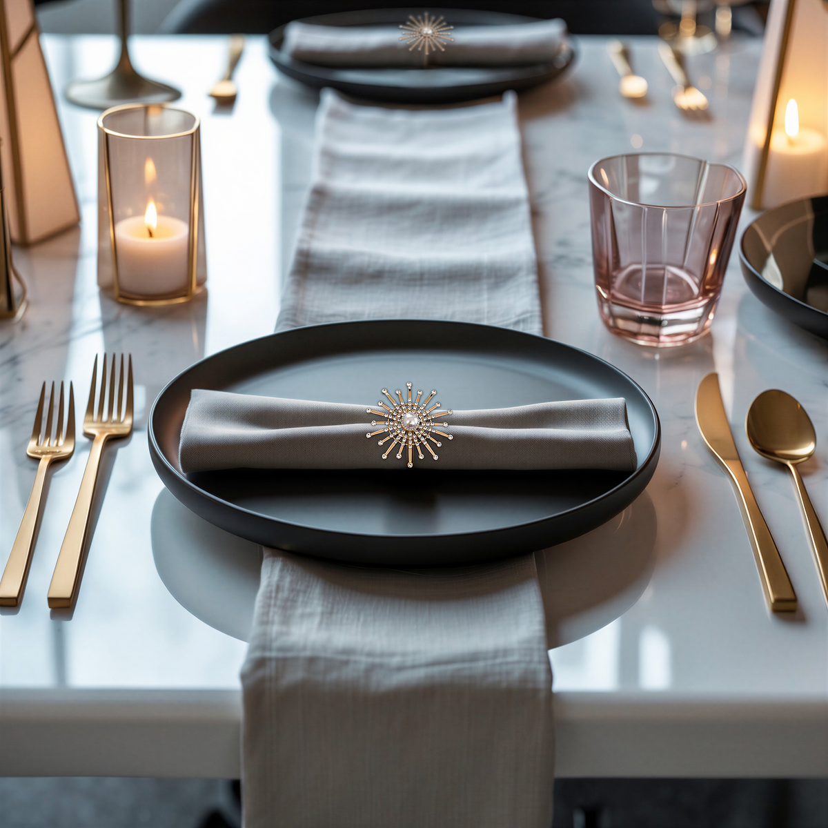 Set of four Golden Blossom napkin rings by ZWZ-18-036 with gold floral and pearl design, elegant decorative dining table accessories.