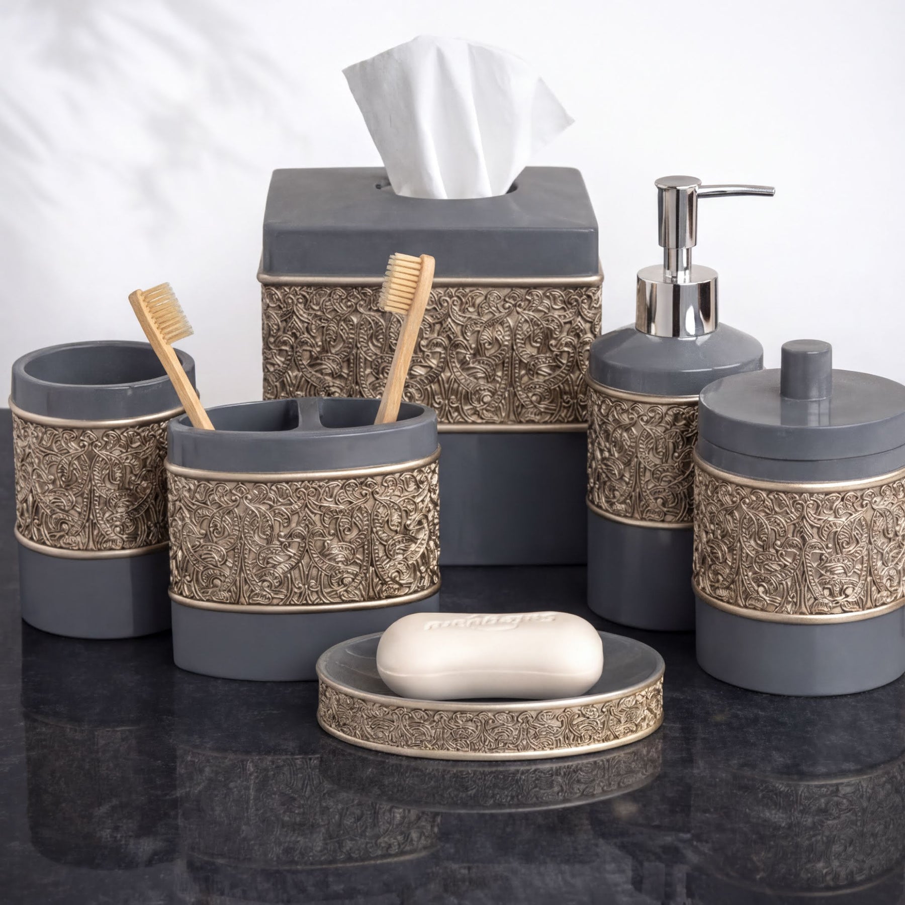Elegant modern bathroom décor accessories set of 6 by AH8315 from the Fionola Collection, featuring sleek bath accessories in a stylish design.