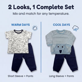 a set of baby clothes, including a short sleeve shirt and pants, and a long sleeve shirt and pants, arranged side by side.
