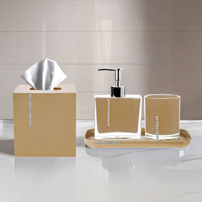 Elegant modern bathroom décor accessories set of 4 from The Mcclary Collection, including soap dispenser, tumbler, tray, and storage jars.